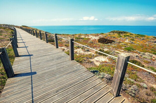 A escada de madeira no litoral rochoso em um dia ensolarado polvoeira a praia pataias portugal europa