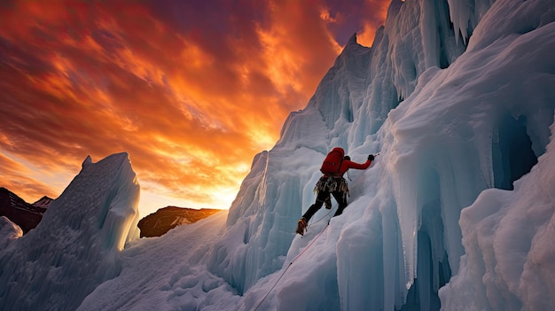 A escalada dinâmica do gelo contra o céu ao pôr-do-sol