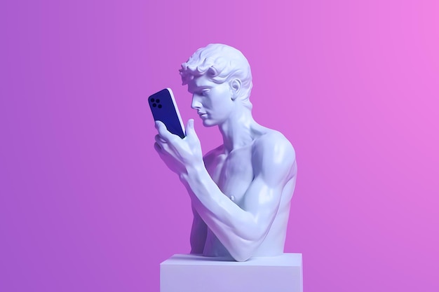 A escultura com a mão segura um smartphone com uma tela branca Colagem de arte Mockup Neubrutalism Y2k Style Generative Ai