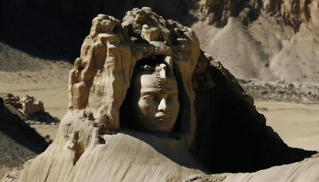 A escultura de um rosto é esculpida em uma escultura de areia.