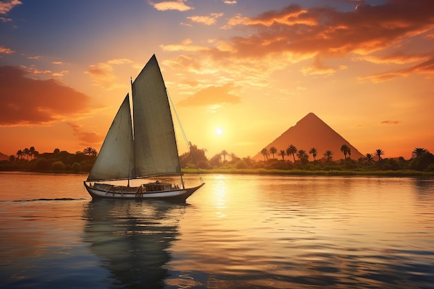 A Esfinge das Pirâmides da Tranquilidade do Nilo e a Vida Egípcia Diária ao Anoitecer