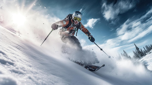 A Esquiador esquiando Esquiador salto Esquiador snowboard Esportes extremos de inverno Esquiador descendo durante o dia ensolarado em altas montanhas Generativo Ai