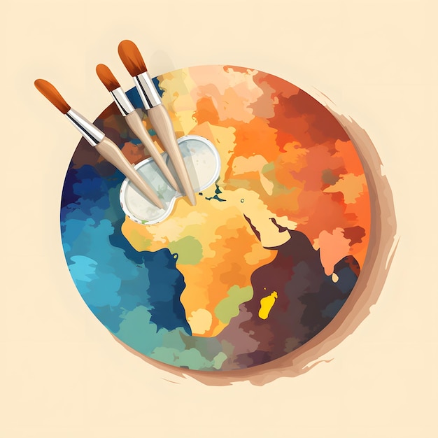 A essência do Dia Mundial da Arte uma paleta pintada com um mapa mundial colorido e adornada com pincéis
