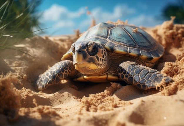 A estadia ao pôr-do-sol de filhotes de tartarugas marinhas em detalhes gerados pela IA