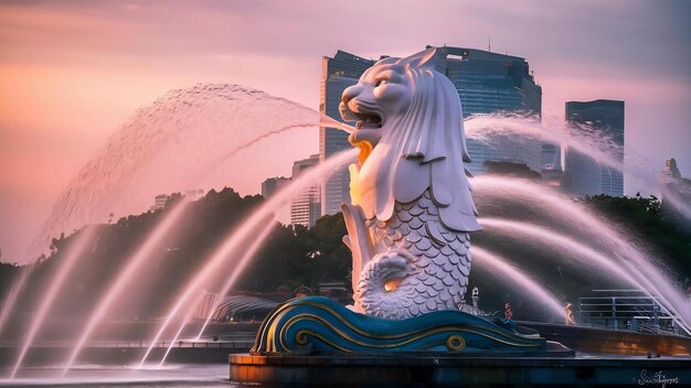 Foto a estátua da fonte merlion, símbolo de cingapura