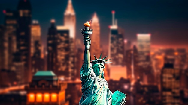 A Estátua da Liberdade com fundo desfocado da paisagem urbana com belos fogos de artifício à noite Manhattan Cidade de Nova York Estados Unidos Dia da Independência Dia do Memorial IA geradora