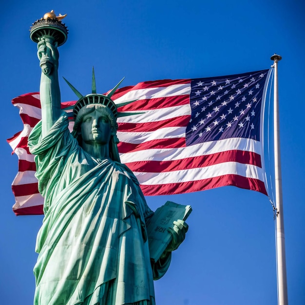 A Estátua da Liberdade está segurando uma bandeira.