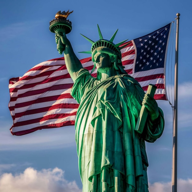A Estátua da Liberdade segura a bandeira americana.