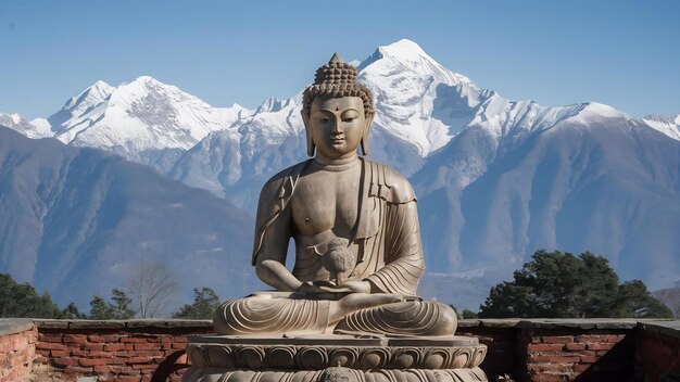 Foto a estátua de maitreya buddha com as montanhas do himalaia no fundo do mosteiro de diskit, na índia