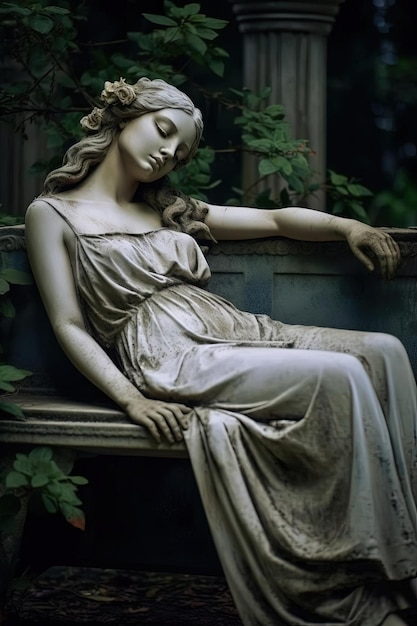 A estátua de Rosa está deitada em um banco no estilo do gótico do sul inspirado