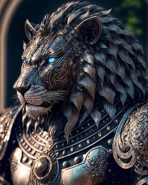A estátua de um leão com olhos azuis e uma juba prateada.