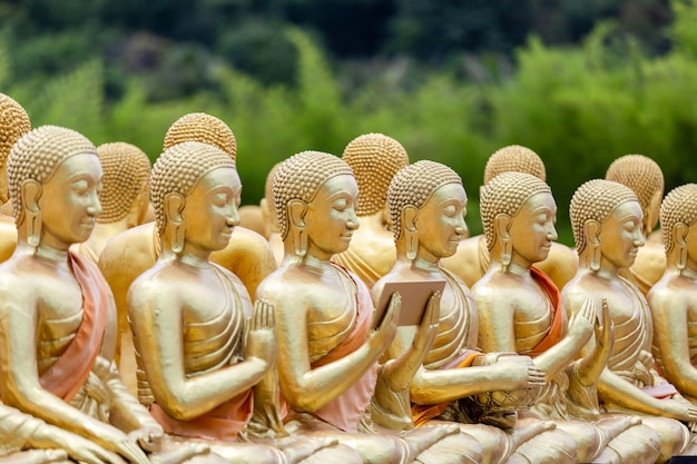 A estátua do Buda de ouro com 1250 discípulos no parque memorial budista Makha Bucha é construído por ocasião do Grande período