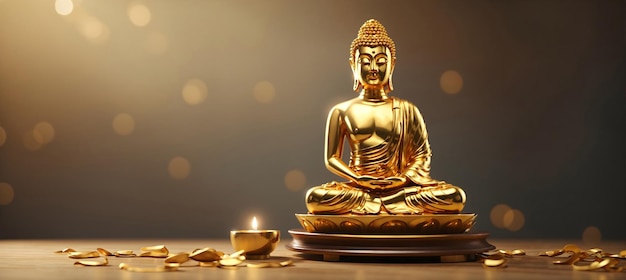 A estátua dourada de Buda com fundo desfocado
