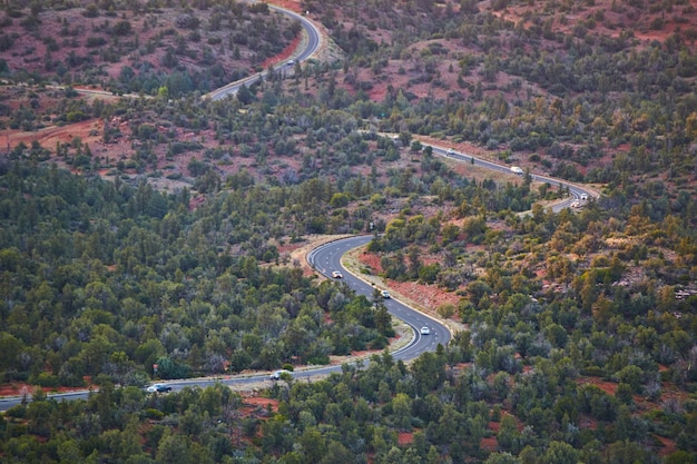A estrada de asfalto serpenteia por entre árvores e solo arenoso vermelho