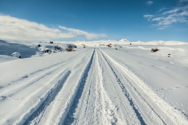 A estrada e a paisagem em dia de neve
