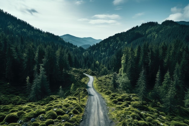 A estrada entre as montanhas Uma pista com serpentinas no meio de altas árvores Tempo chuvoso com nevoeiro sobre as montanhas Coroas verdes de árvores e grama de verão