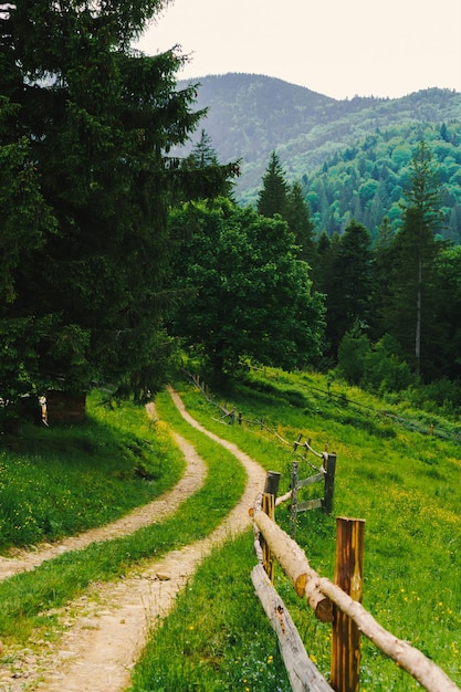 A estrada nas montanhas através da aldeia