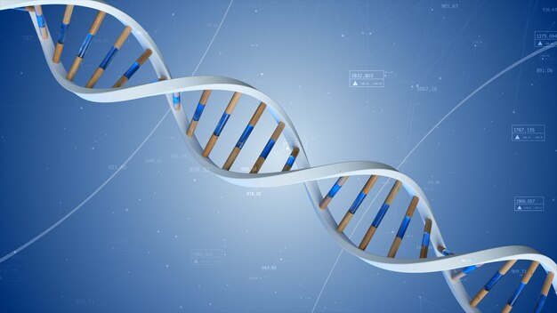 A estrutura do DNA humano gira contra o pano de fundo de compostos e números. Ilustração 3D da tecnologia de ciência conceitual