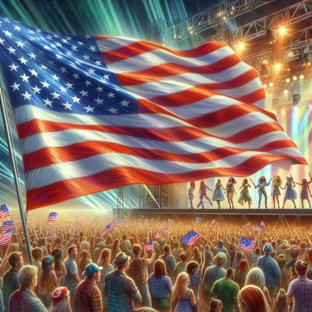 Foto a excitação do festival em traços digitais capturando as ondas dinâmicas da bandeira americana