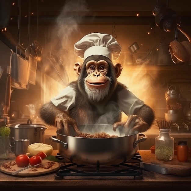 A experiência culinária de um chef macaco está em exibição enquanto cozinha em uma cozinha vestindo um chapéu de chef39s