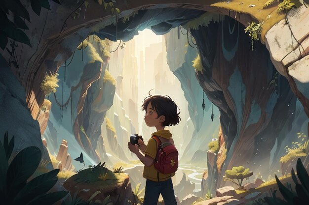 A exploração da caverna da menina descobre a ilustração do fundo do papel de parede da paisagem bonita do mundo novo