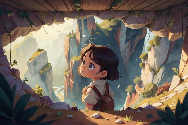 A exploração da caverna da menina descobre a ilustração do fundo do papel de parede da paisagem bonita do mundo novo