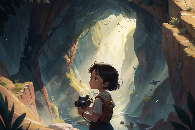 A exploração da caverna da menina descobre a ilustração do fundo do papel de parede da paisagem bonita do mundo novo