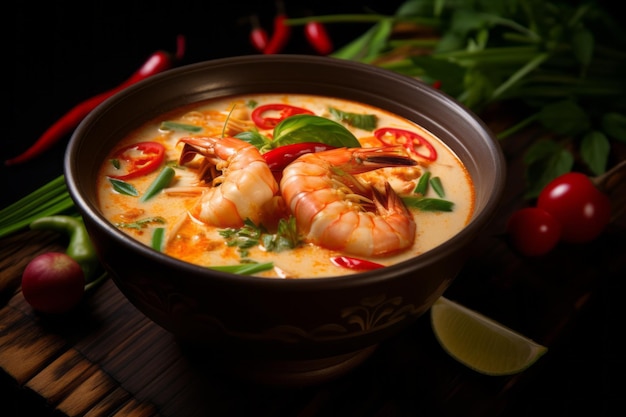 A exquisita fusão de sabores tom yam kung uma tradicional sopa de leite de coco picante asiática com pra