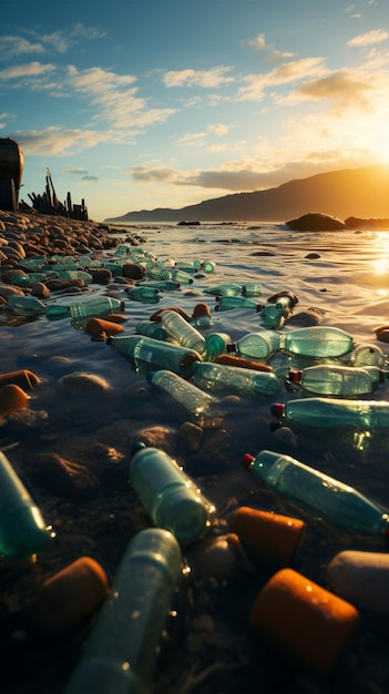 A extensão arenosa marcada por garrafas descartadas e lixo mostrando a poluição da praia prejudica a Vertical Mobil
