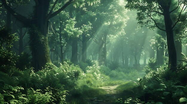 A exuberante folhagem verde da floresta cria um denso dossel que bloqueia a maior parte da luz solar