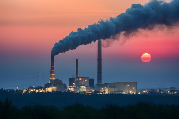 A fábrica emite fumaça que polui a atmosfera ao anoitecer.