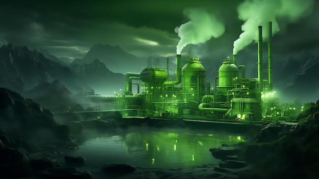 A fábrica na floresta é verde ao fundo. IA geradora.
