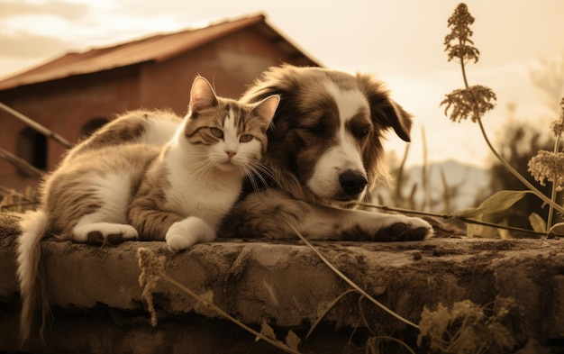 A fábula da fazenda, um conto de um gato e um cachorro em sépia