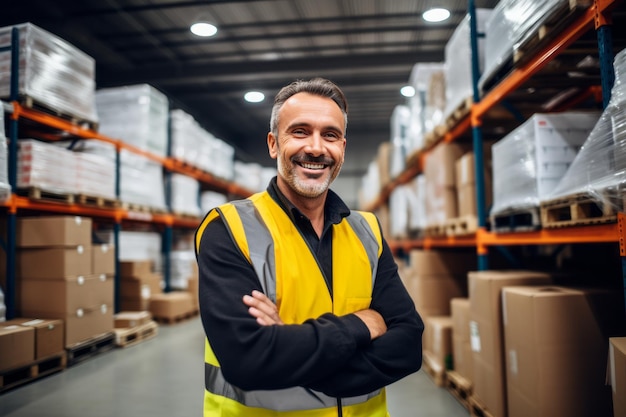 A face confiável da eficiência Um trabalhador de armazém confiante em um hipermercado de materiais de construção