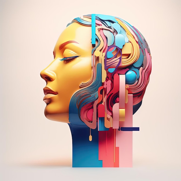 a face frontal de uma cabeça é colorida e abstrata no estilo de um beeple