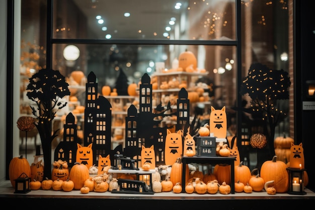 A fachada da loja é decorada com abóboras naturais e decorações de papel e artesanato ecológico Halloween