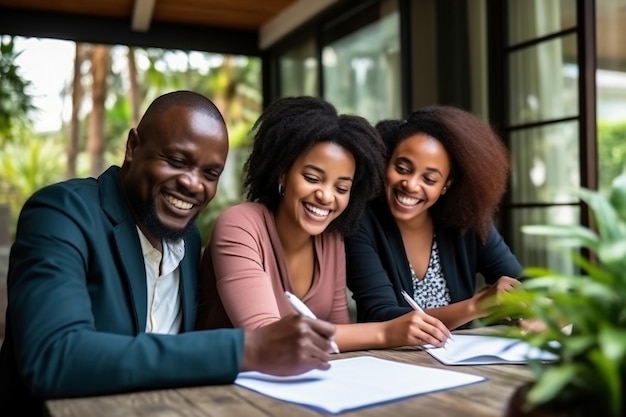 A família afro-americana entra em um contrato de arrendamento ou compra de imóveis Reunião de negócios ao alugar e comprar uma casa apartamento hipoteca habitação acessível