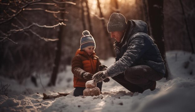 A família aproveita o dia de inverno brincando na floresta gerada pela IA