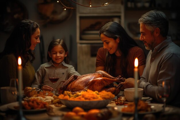 A família celebra o Dia de Ação de Graças juntos As pessoas estão sentadas à mesa e comendo peru assado no jantar festivo