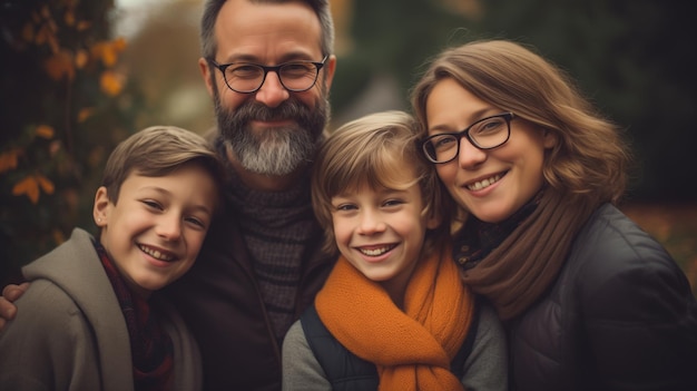 A família celebra o Dia de Acção de Graças e o festival da colheita Rostos felizes e sorrisos Dia quente de outono