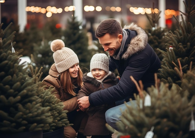 A família escolhe uma árvore para celebrar o Ano Novo e o Natal. Mercado de árvores de Natal.