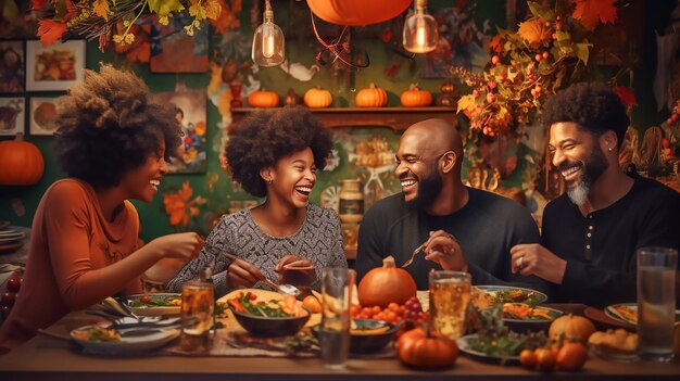 A família está desfrutando de comida juntos no jantar de ação de graças Mulher madura afro-americana feliz na mesa de jantar durante a família