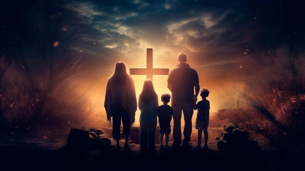 Foto a família está em frente à cruz o conceito de cristianismo ai gerativa