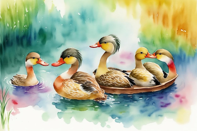 A família feliz dos patos move-se na lagoa e na bela pintura em aquarela de cenário natural multicolor