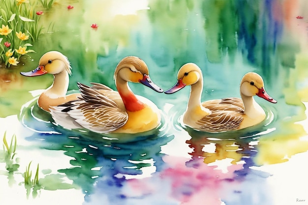 A família feliz dos patos move-se na lagoa e na bela pintura em aquarela de cenário natural multicolor