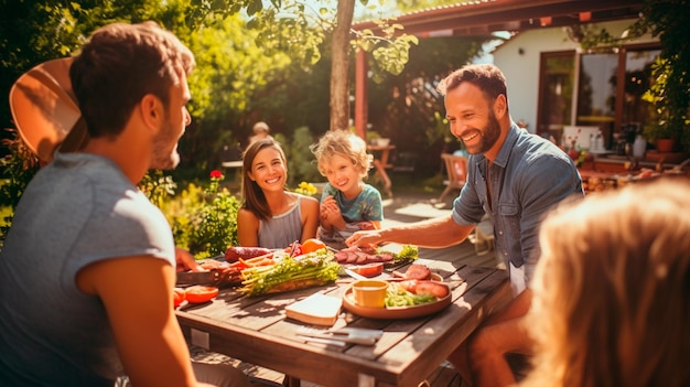 A família senta-se no jardim à mesa Generative AI