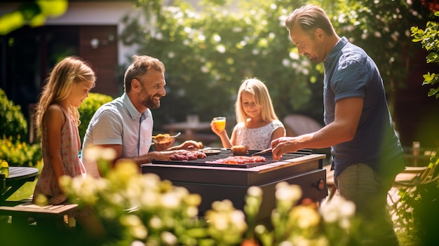 a família senta-se no jardim à mesa ilustrador de IA generativa