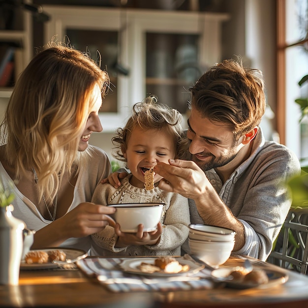 Foto a family eating a cupcake with a child and a woman holding it with a spoon