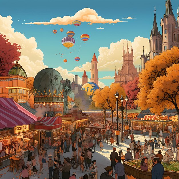 A famosa Oktoberfest em estilo de desenho animado colorido de Munique