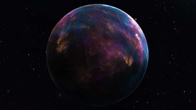 A fantasia é um planeta abstrato no espaço na perspectiva da ilustração 3d das estrelas e das galáxias
